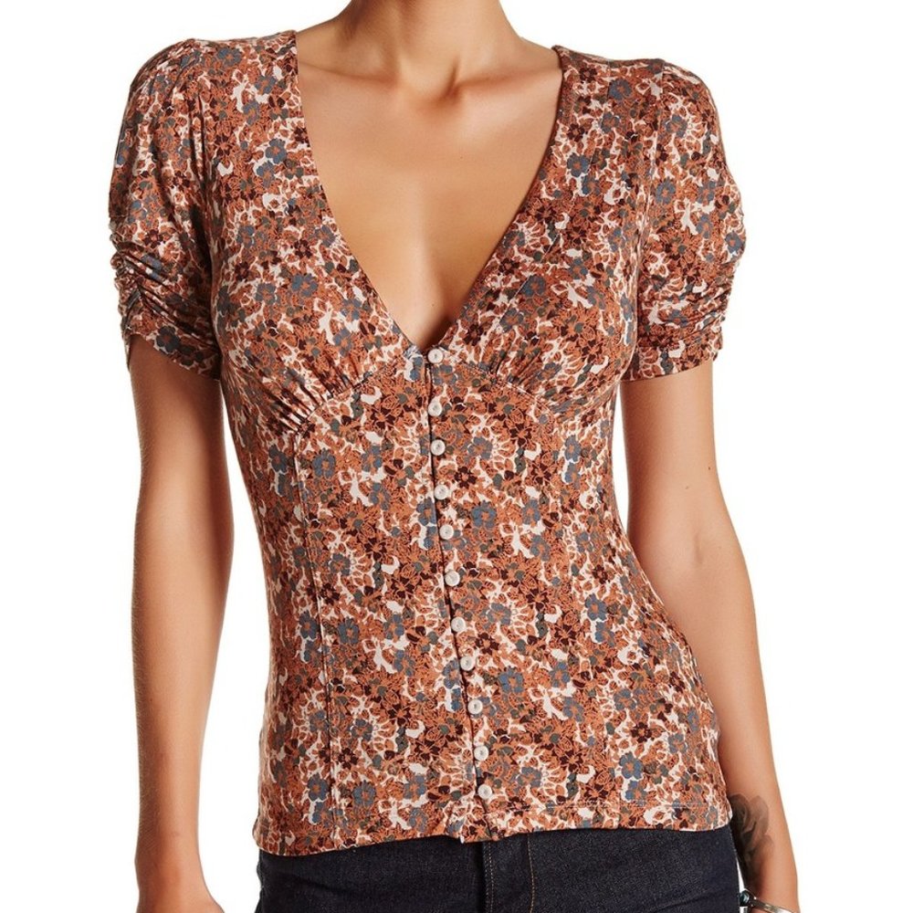 Free People Hollywood Ruched Sleeve Printed Top